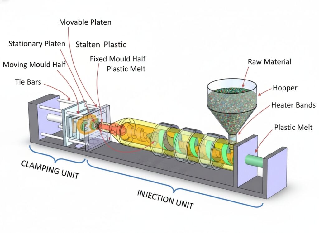 A detailed engineering cutaway diagram of an injection moulding machine, showing the Clamping Unit and Injection Unit with labels for the hopper, screw, heater bands, and mould halves.