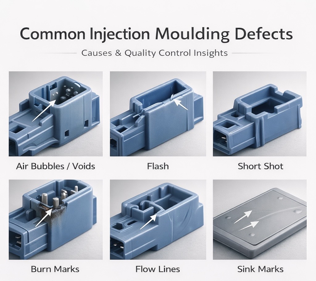 Injection moulding defects infographic showing air bubbles, flash, short shot, burn marks, flow lines, and sink marks on plastic components